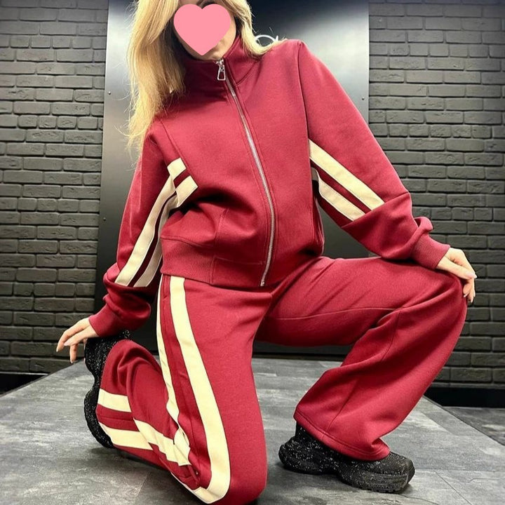 Damen nan athletisches Zweiteiler-Set aus French Terry mit Reißverschluss Cropped Jacke und weitem Highwaist Jogger Drune