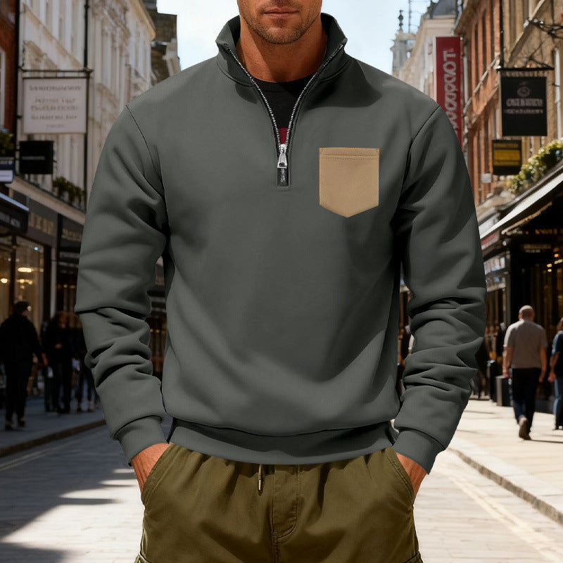 Herren modischer Sweatshirt mit halbem Reißverschluss und aufgesetzter Tasche Drune