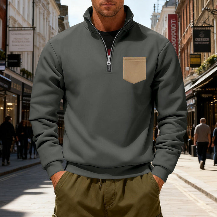 Herren modischer Sweatshirt mit halbem Reißverschluss und aufgesetzter Tasche Drune
