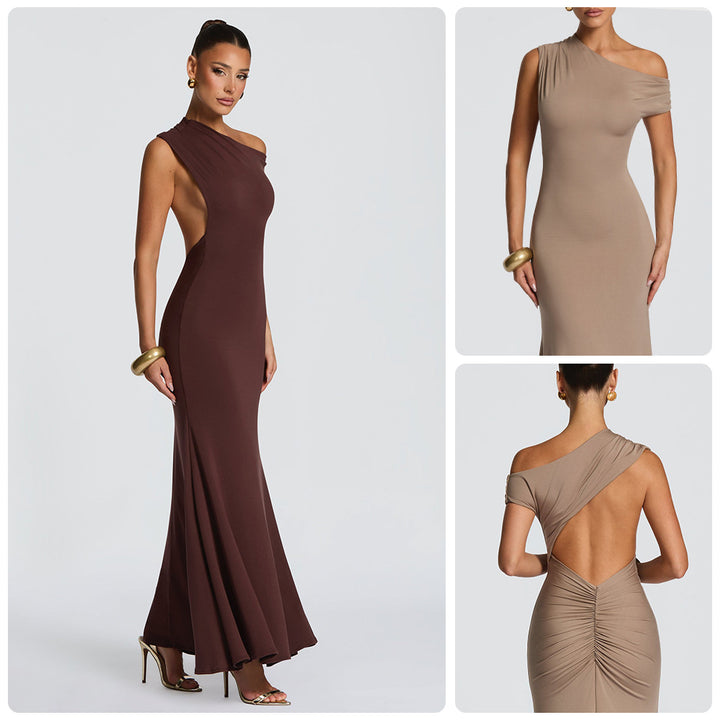 Damen Elegantes asymmetrisches Maxikleid mit schulterfreiem Design Drune
