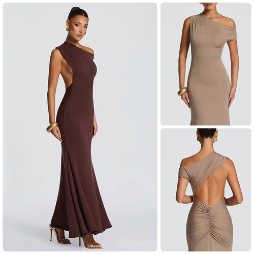 Damen Elegantes asymmetrisches Maxikleid mit schulterfreiem Design Drune