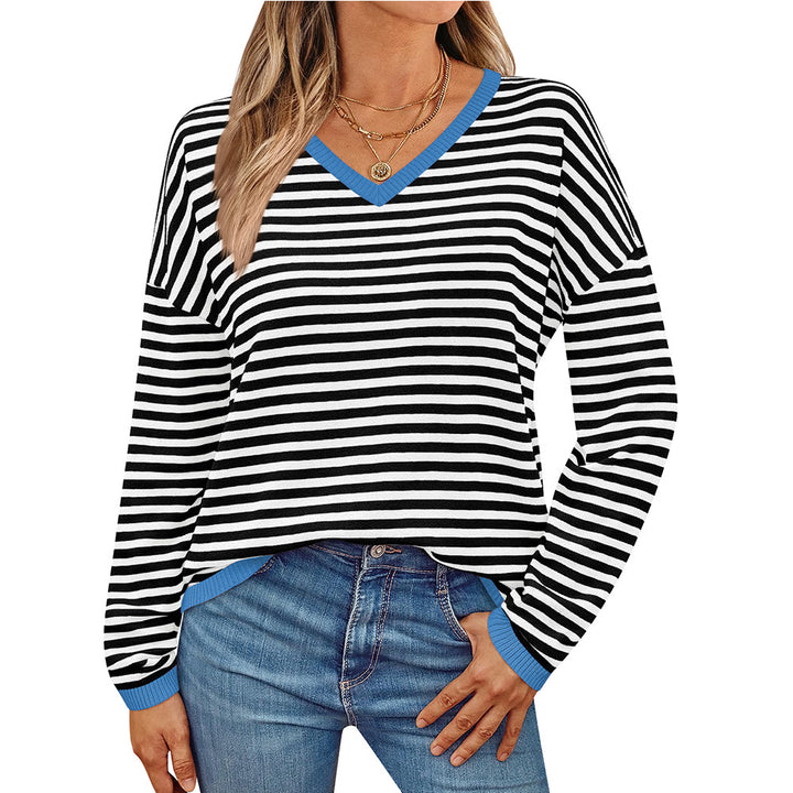 Damen lässiger Pullover mit niedrigem V-Ausschnitt und buntem Streifenmuster Drune
