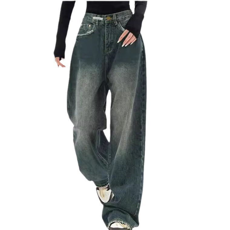 Damen nan hochgeschnittene extraweite Baggy-Jeans mit überlangem Saum und Vintageoptik Drune