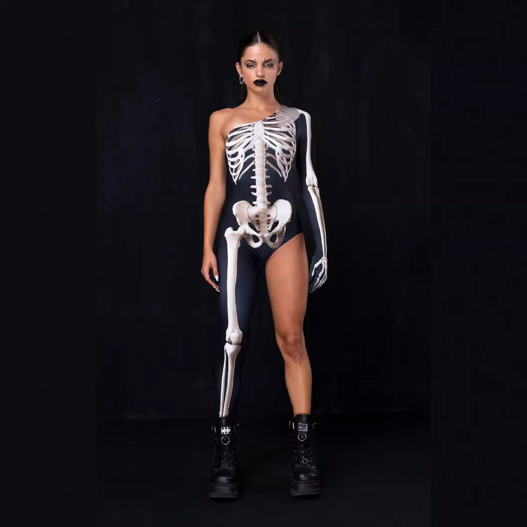 Damen Figurbetonter Bodysuit mit kreativem Skelettdesign und asymmetrischem Schnitt Drune