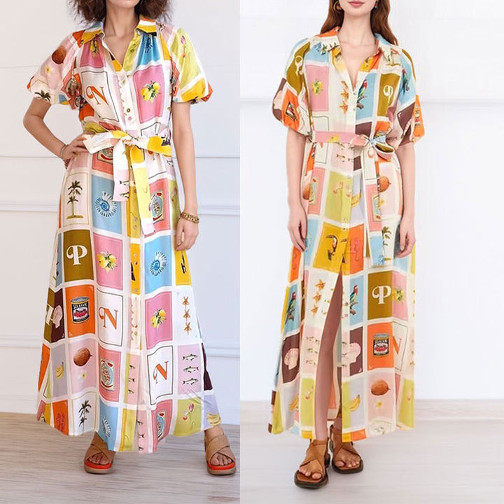 Damen Hemdblusenkleid mit farbenfrohem Print und taillierbarem Gürtel Drune