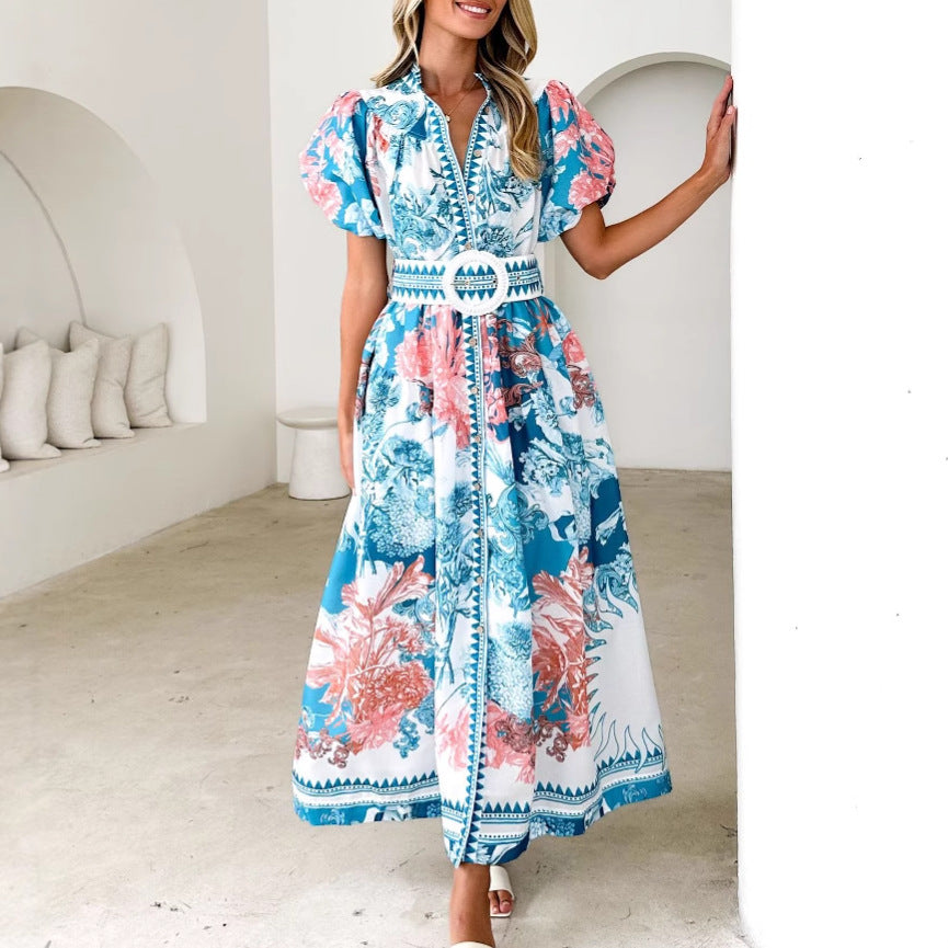 Damen Elegantes Maxikleid mit floralen Mustern und voluminösen Ärmeln Drune
