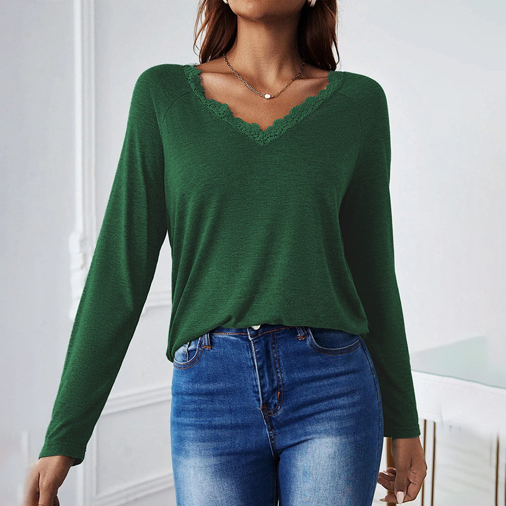 Damen Langarmshirt mit V-Ausschnitt und Spitzenakzenten Drune