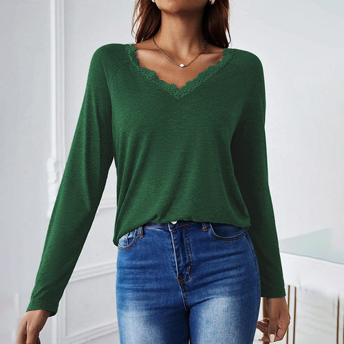 Damen Langarmshirt mit V-Ausschnitt und Spitzenakzenten Drune