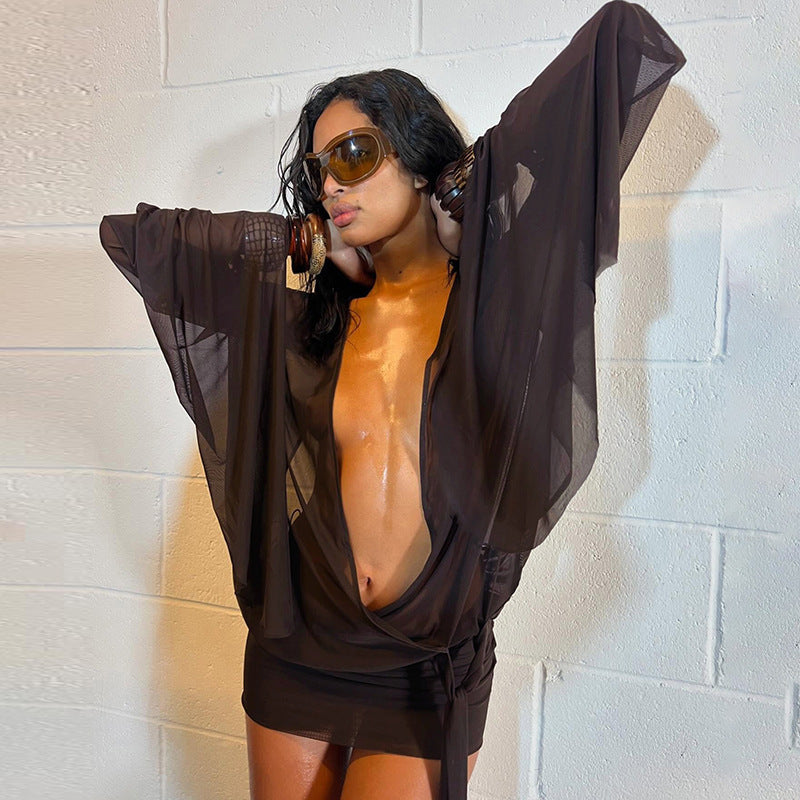 Damen Transparente Strandcover-Up mit tiefem V-Ausschnitt und eleganten Puffärmeln Drune