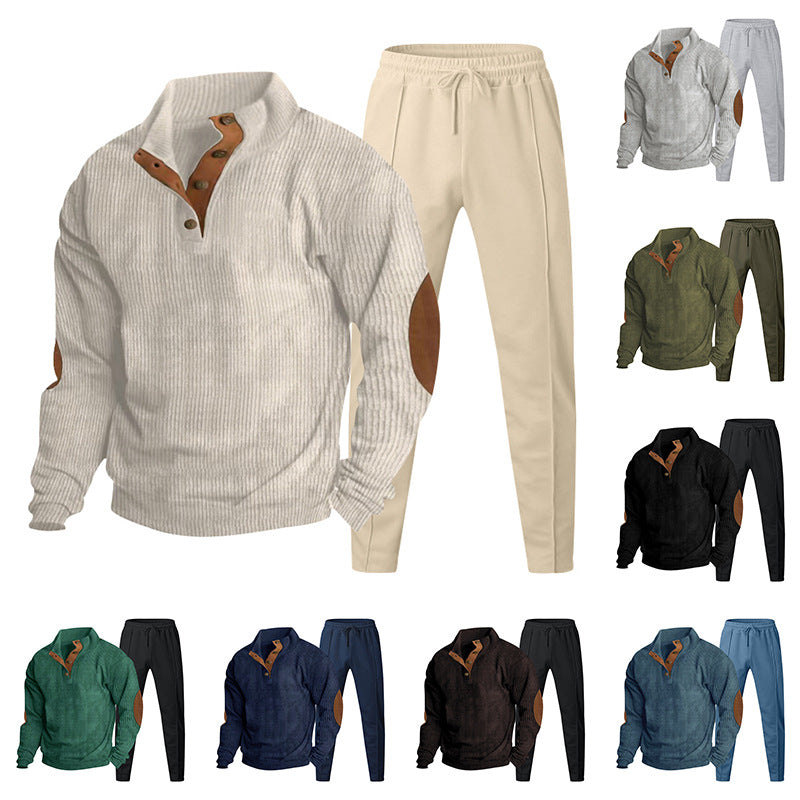 Herren nan gerippter Henley-Freizeitanzug mit dekorativer Knopfleiste und Wildleder-Ellenbogenpatch konisch geschnittene Jogginghose Drune