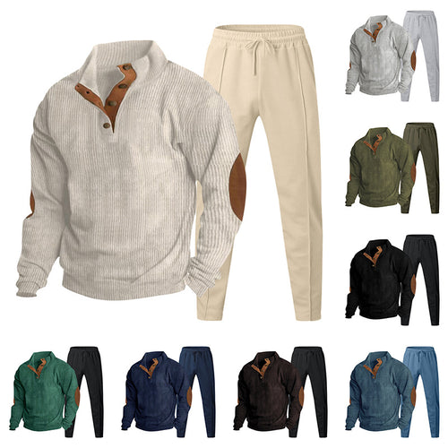 Herren nan gerippter Henley-Freizeitanzug mit dekorativer Knopfleiste und Wildleder-Ellenbogenpatch konisch geschnittene Jogginghose Drune