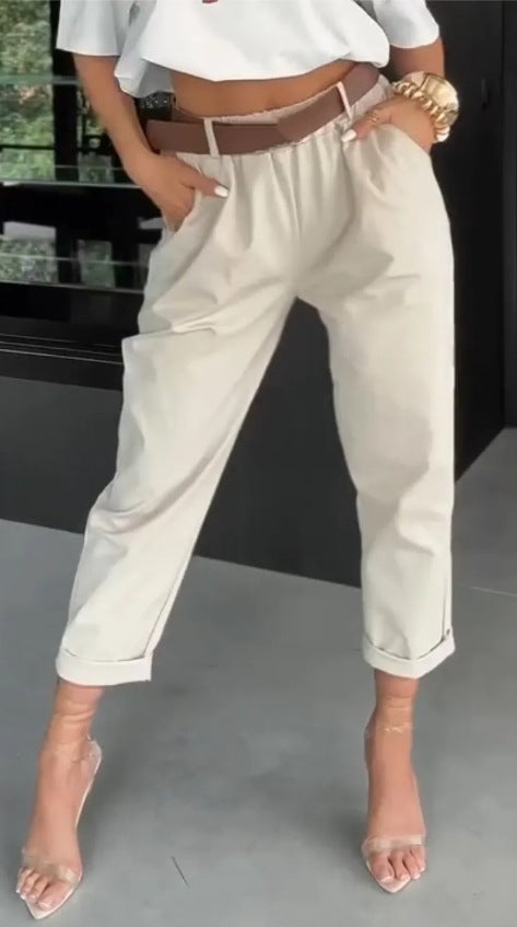 Damen moderne Chinohose mit elastischem Bund und weitem Bein Drune