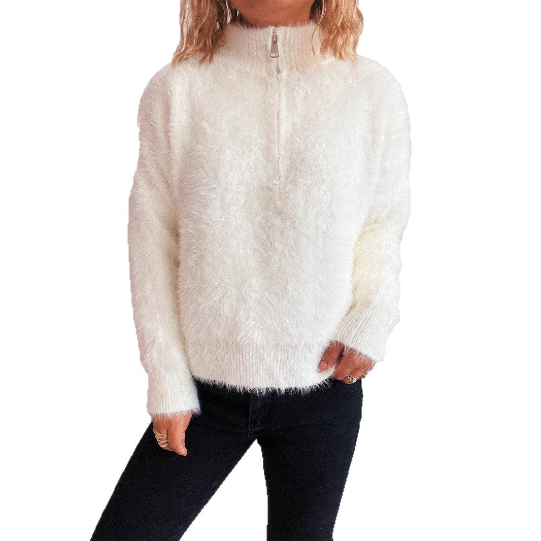 Damen kuscheliger Pullover mit hohem Kragen und Reißverschluss Drune