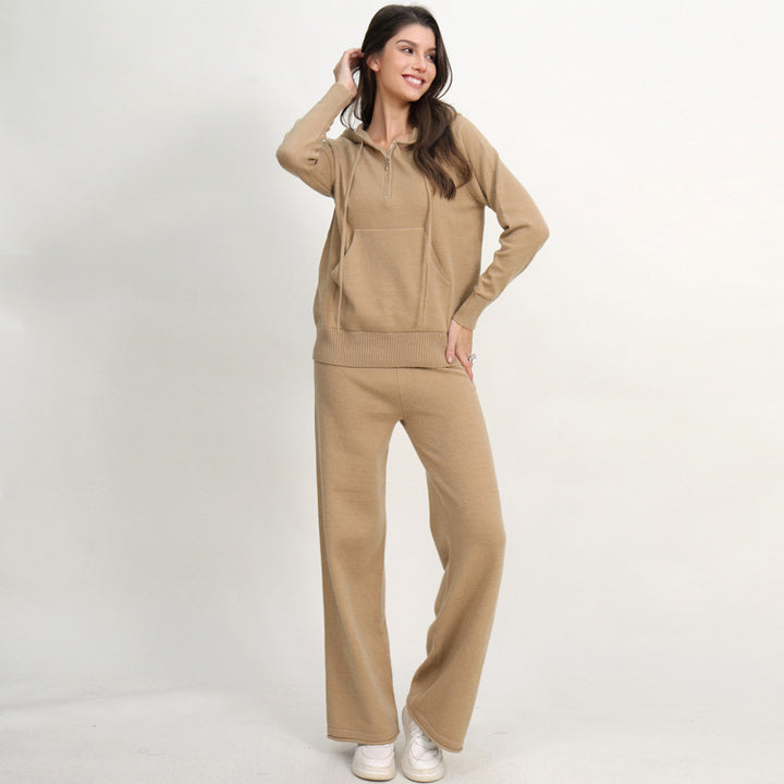Damen lässiges Strick-Loungewear-Set mit Kapuze und weitem Bein Drune