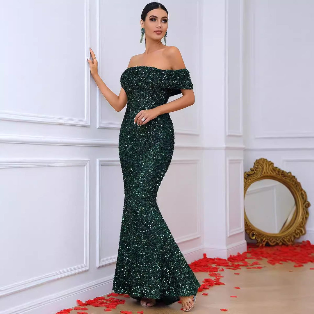 Damen Glamouröses Abendkleid mit schulterfreiem Design und funkelnden Pailletten Drune