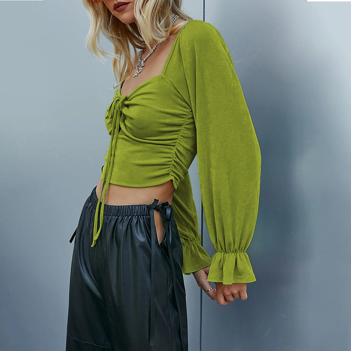 Damen cropped Langarmshirt mit raffinierten Rüschendesigns und knotbarem Detail Drune
