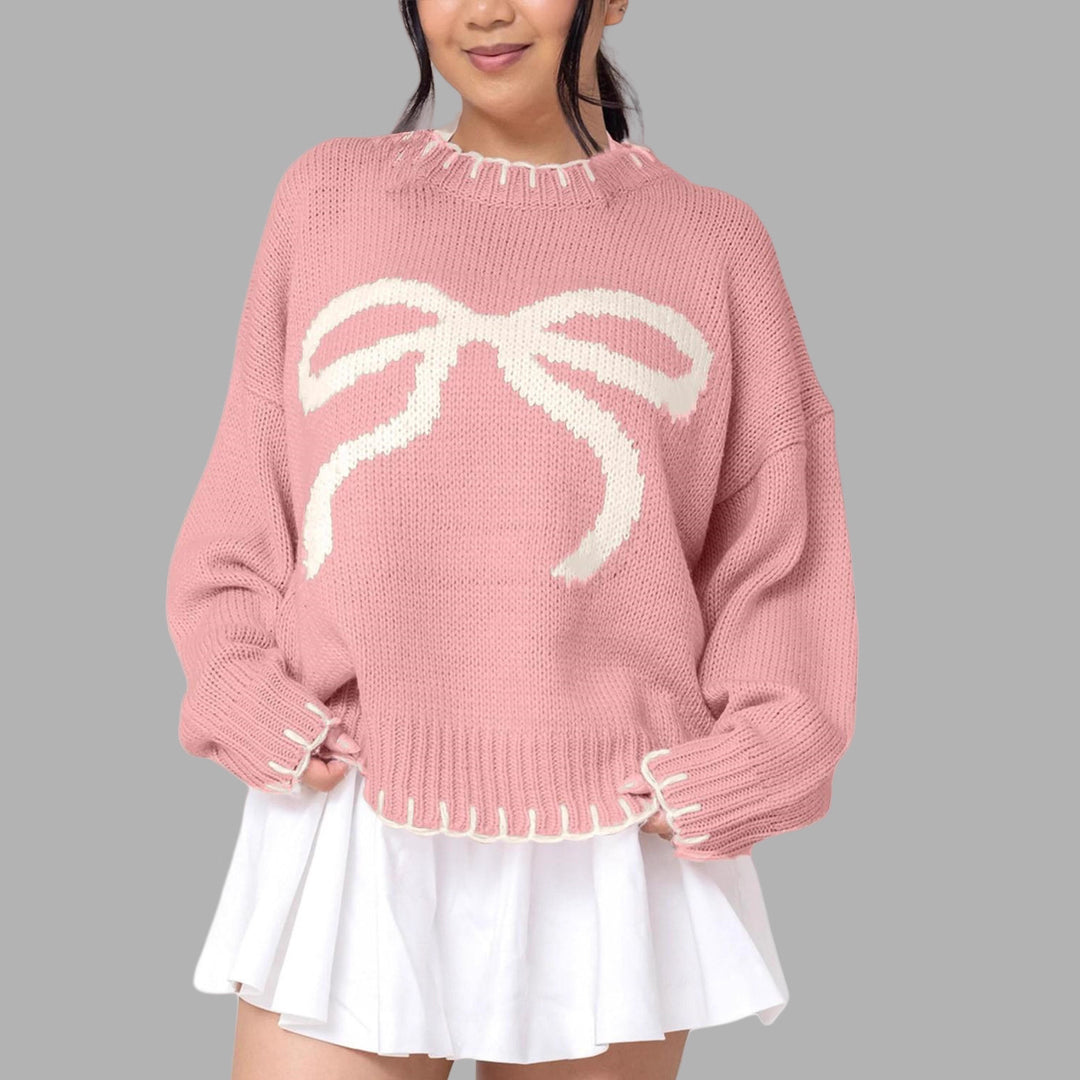 Damen lässiger Pullover mit kontrastierenden Schleifen-Detail und geripptem Saum Drune