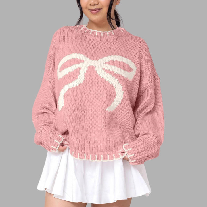 Damen lässiger Pullover mit kontrastierenden Schleifen-Detail und geripptem Saum Drune