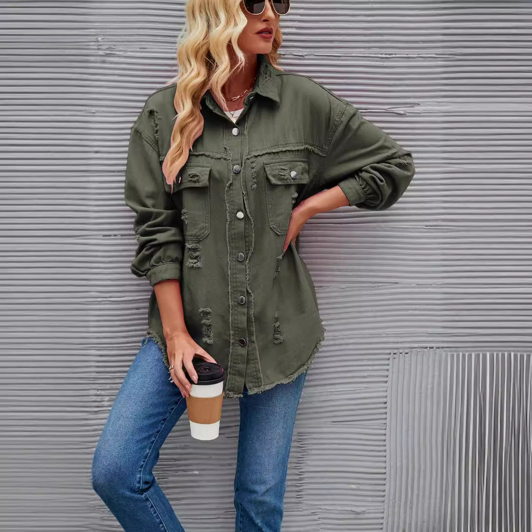 Damen Oversized Jeansjacke mit modernen Destroyed-Details Drune