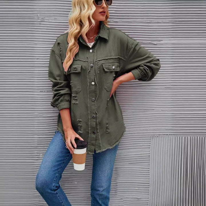 Damen Oversized Jeansjacke mit modernen Destroyed-Details Drune