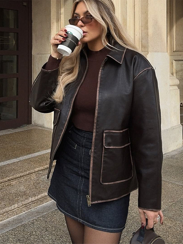 Damen Kunstlederjacke mit klassischen Details Drune
