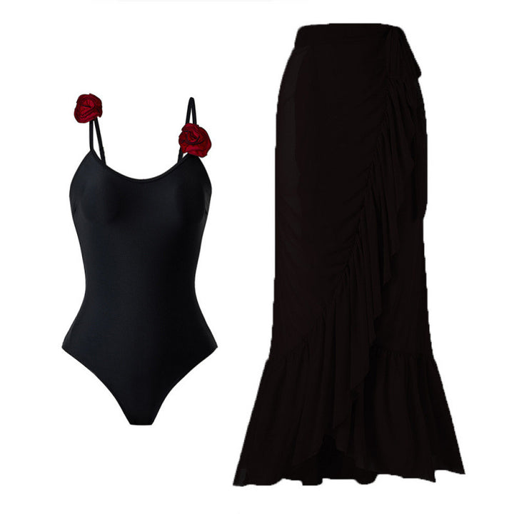 Damen Einteiler Badeanzug mit dekorativen Blumenapplikationen und elegantem Wickelrock Drune