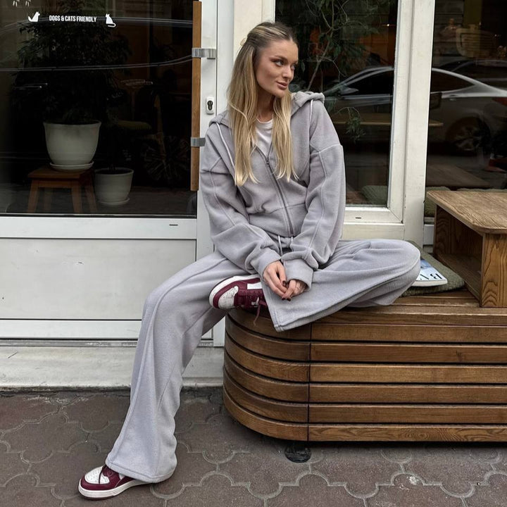 Damen Fleece Freizeitanzug mit stylischer Kapuze und elastischem Bund Drune