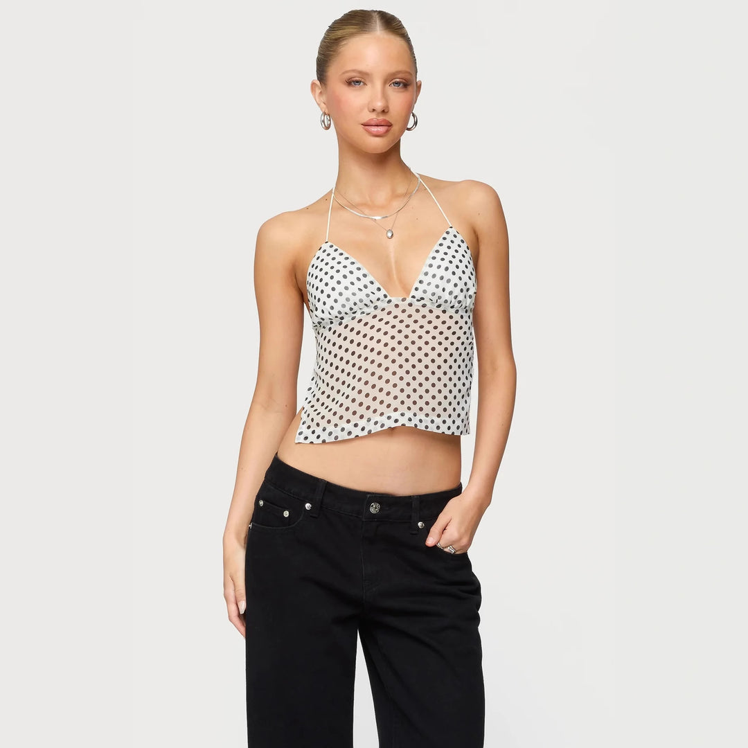 Damen Polka Dot Top mit zarten Trägern und figurbetontem Schnitt Drune