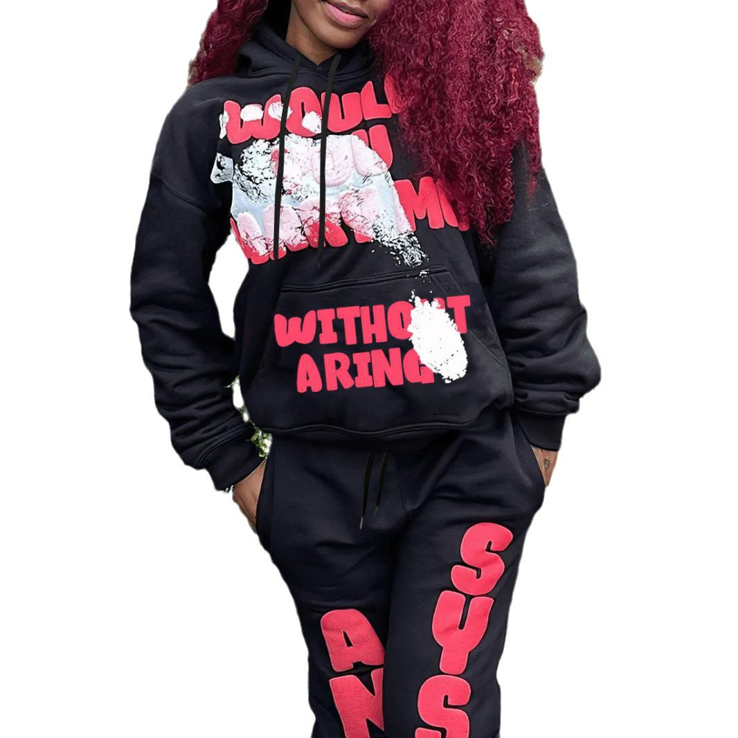 Damen Hoodie- und Jogginghose-Set mit auffälligem Schriftzug und gemütlichem Schnitt Drune