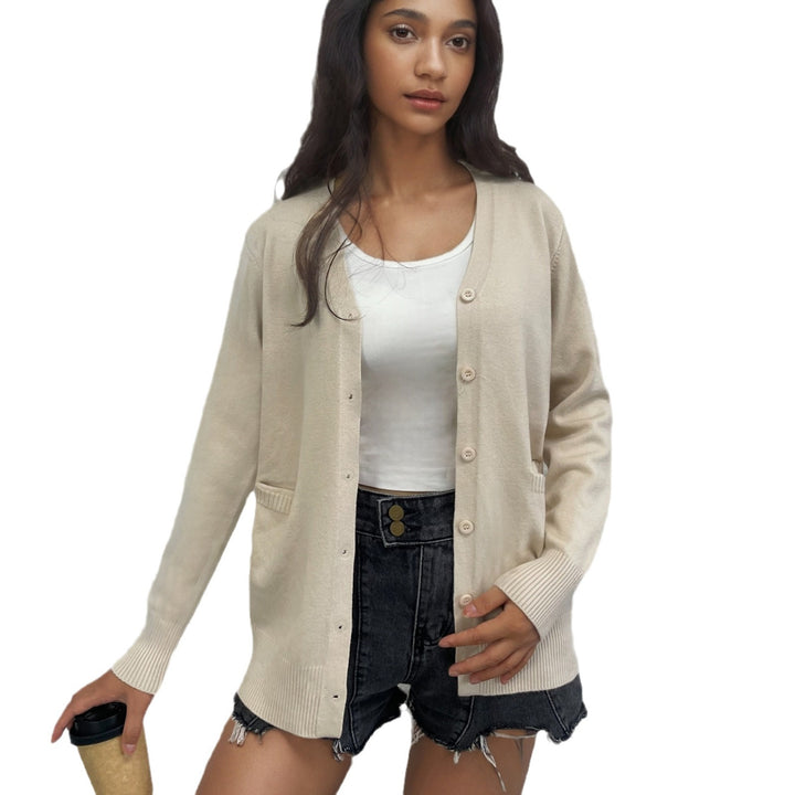 Damen lässige Strickjacke mit integrierten Taschen und stilvollem Knopfdesign Drune