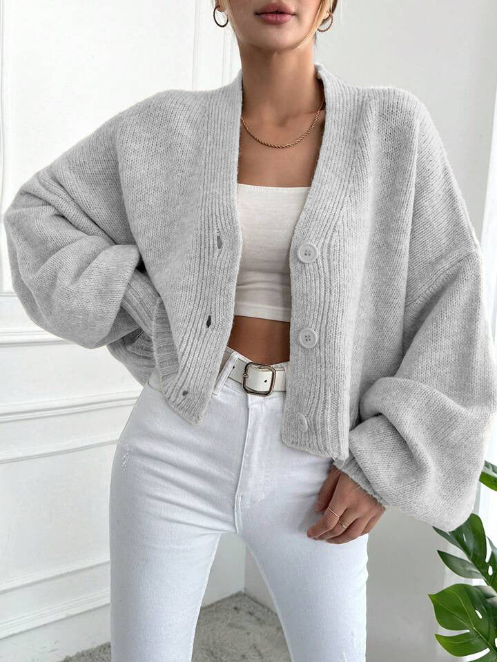 Damen lässiger Grobstrickcardigan mit knöpfbarem Design und voluminösen Ärmeln Drune
