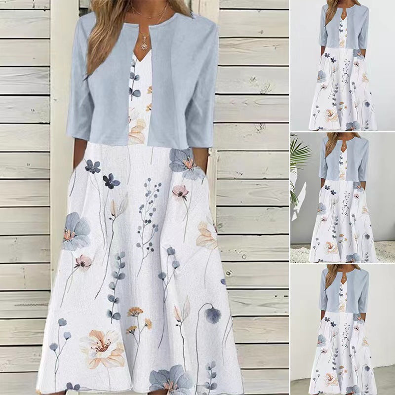 Damen nan Midikleid mit Bolero-Optik, tailliertem V-Ausschnitt, Dreiviertelärmeln und floralem A-Linienrock Drune