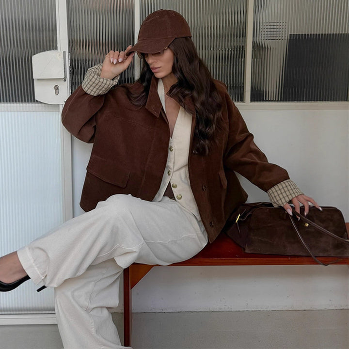 Damen lässige Cordjacke mit einzigartigem Schnitt und modischen Details Drune