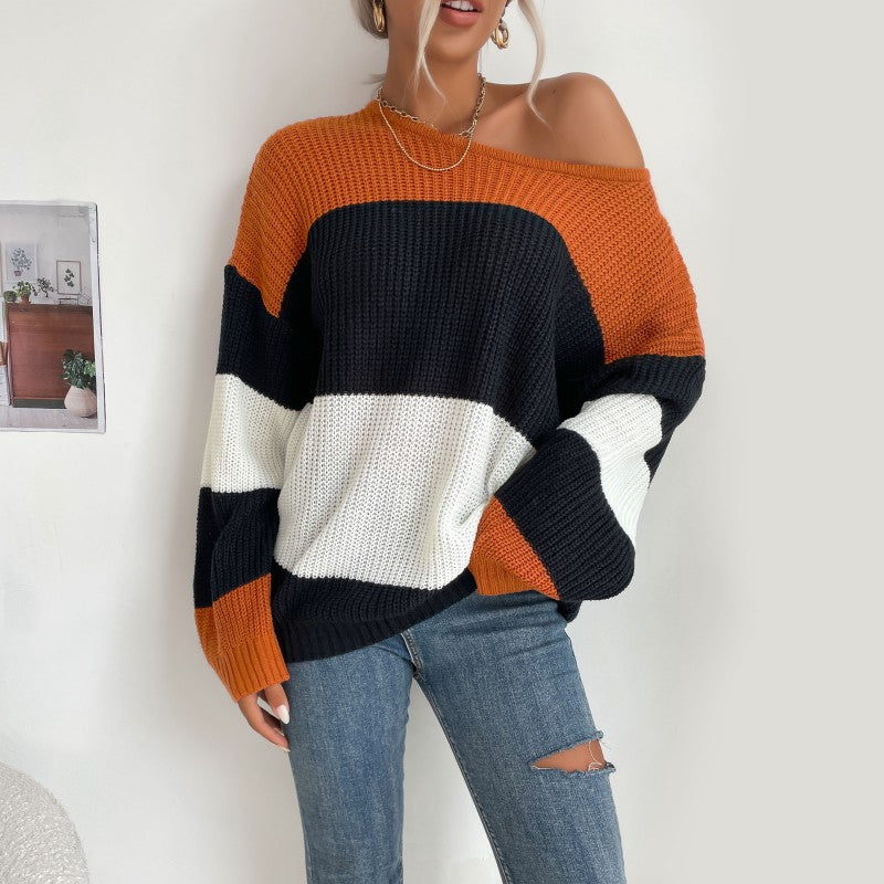 Damen lässiger Strickpullover mit modischem Blockdesign Drune
