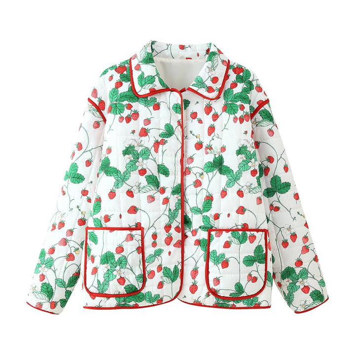 Damen gesteppte Jacke mit fröhlichem Erdbeermuster und praktischen Taschen Drune