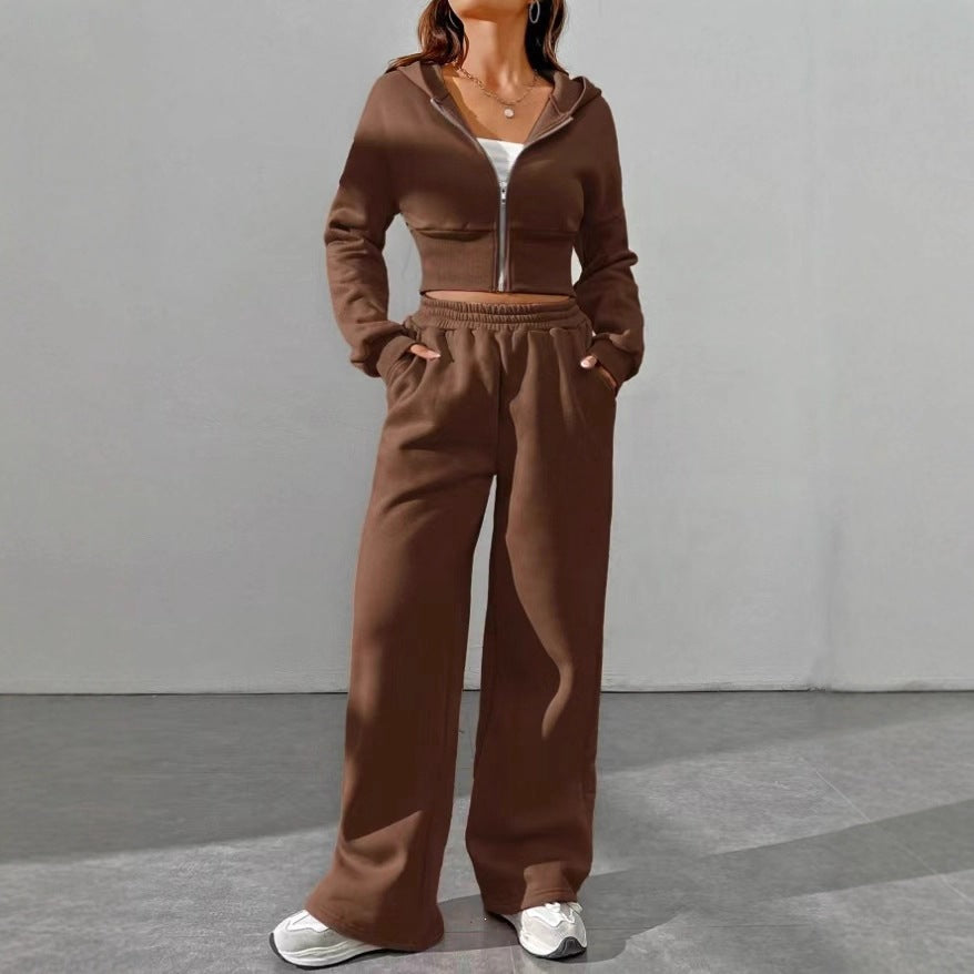 Damen nan kurzes Kapuzen-Sweatshirt mit Reißverschluss und weite High-Waist Jogginghose Drune