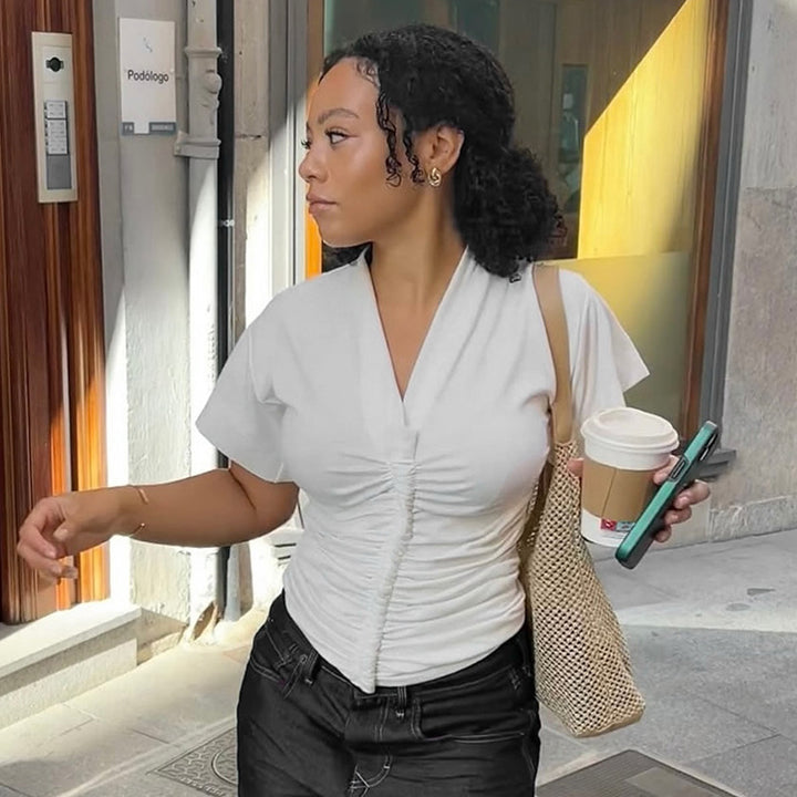Damen elegantes Kurzarmoberteil mit figurbetonter Raffung Drune