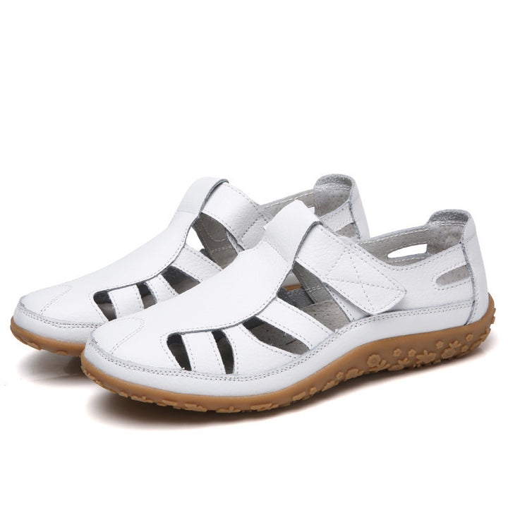 Damen nan geschlossener Leder-Sommerschuh mit Aussparungen Klettverschluss und dämpfender Noppenlaufsohle Drune