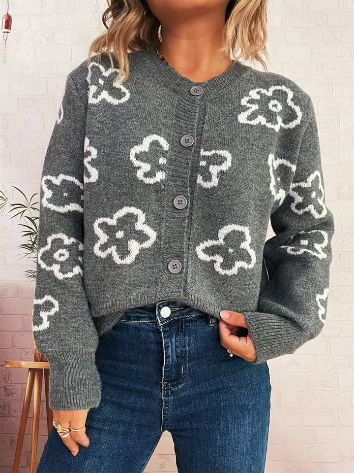 Damen Strickjacke mit floralem Muster und Knopfverschluss Drune