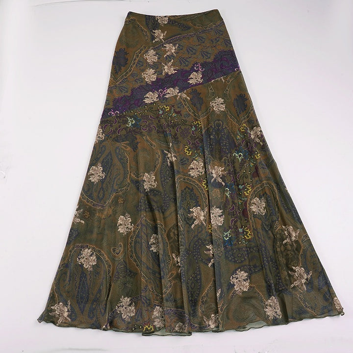 Damen Langer, eleganter Rock im Vintage-Stil mit floralem Muster und fließendem Schnitt Drune