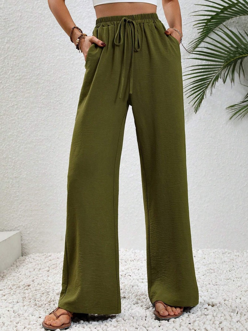 Damen elegante weite Hose aus leichtem Baumwollgemisch mit Gummizug Drune