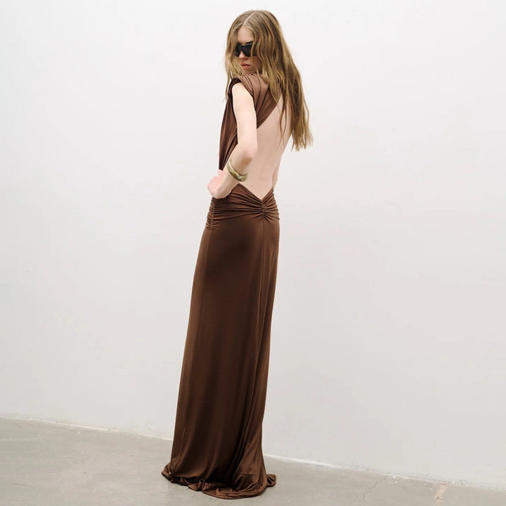 Damen elegantes Maxikleid mit tiefem V-Ausschnitt und drapiertem Bund Drune