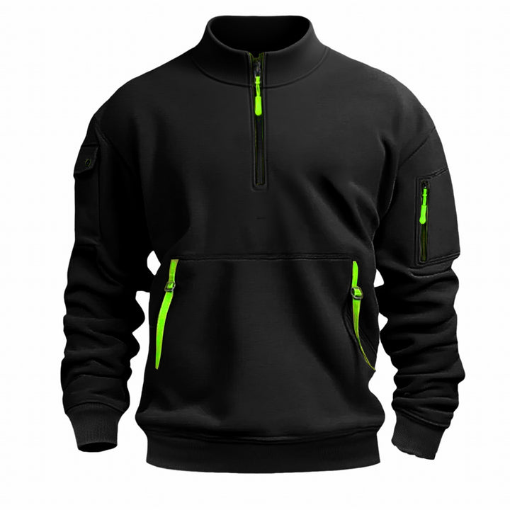 Herren nan Sweatshirt mit Stehkragen, halbem Reißverschluss, Kängurutasche und Ärmeltasche Drune