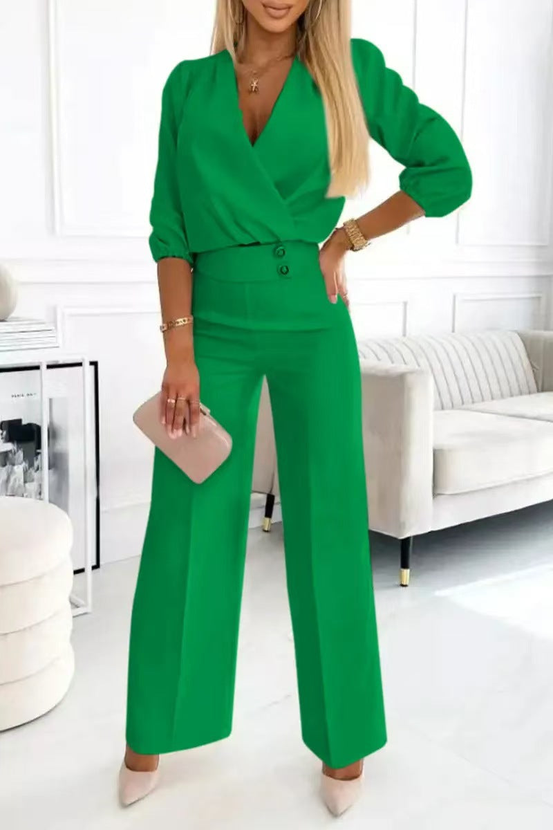 Damen eleganter Jumpsuit mit Wickeloberteil und hochtaillierten Beinen Drune