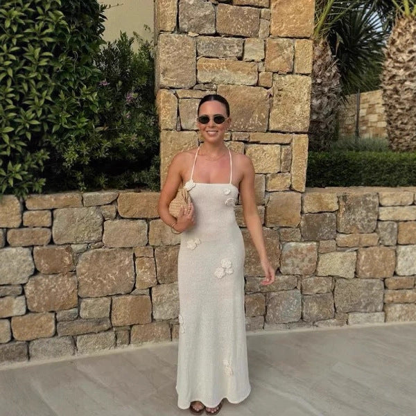 Damen Elegantes Maxikleid mit floralen Applikationen und Spaghetti-Trägern Drune