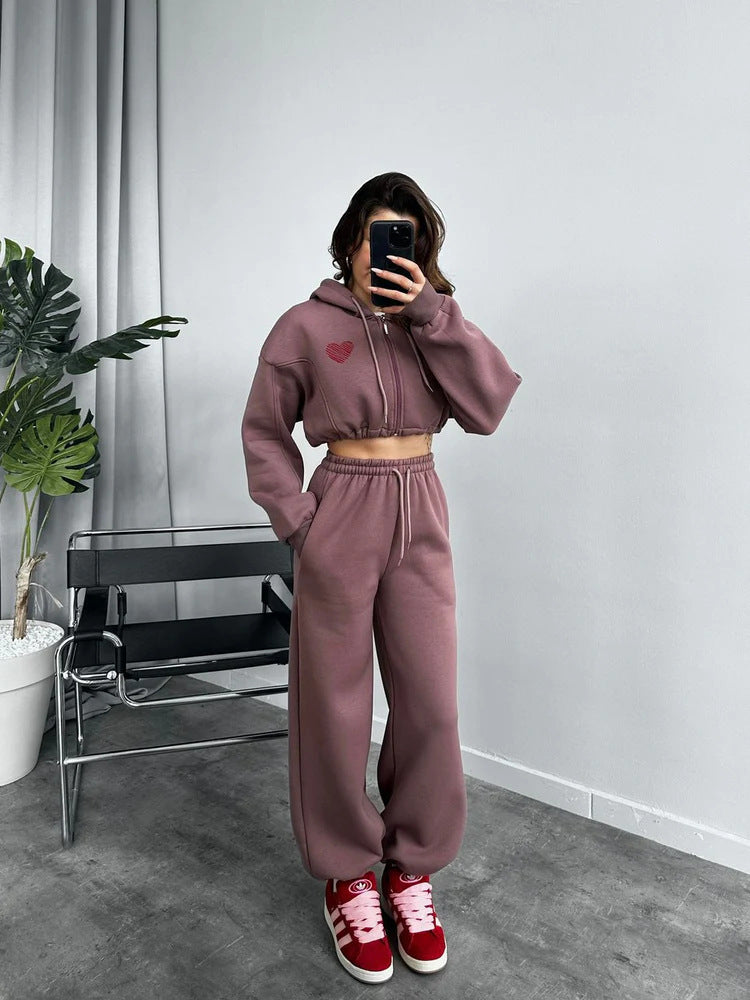 Damen Sportliches Crop-Set mit Kapuze und elastischer Taille Drune