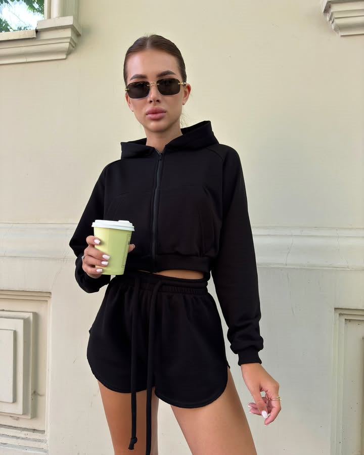 Damen lässiges Hoodie-Set mit Reißverschluss und elastischem Bund Drune