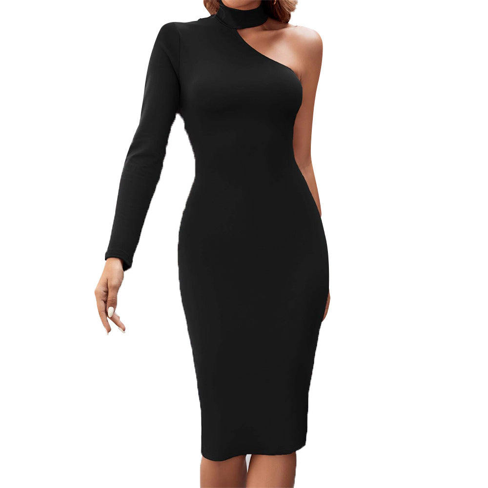Damen figurbetontes asymmetrisches Midi-Kleid mit Langarm und schickem Stehkragen Drune