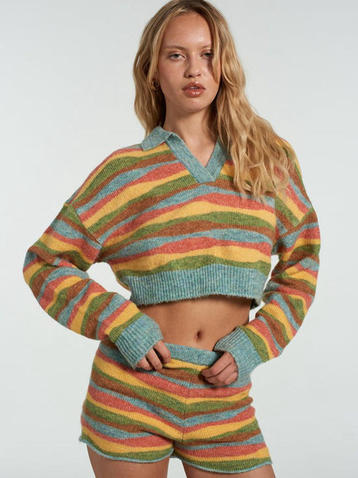 Damen Cropped Pullover mit V-Ausschnitt und buntem Streifenmuster Drune