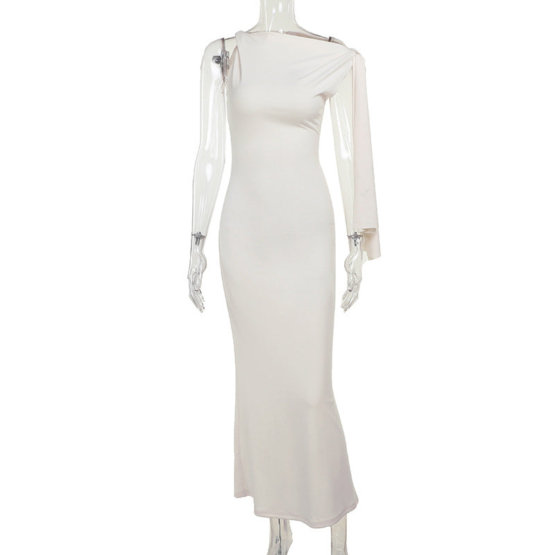 Damen Elegantes Maxikleid mit asymmetrischem Ärmel und figurformendem Schnitt Drune
